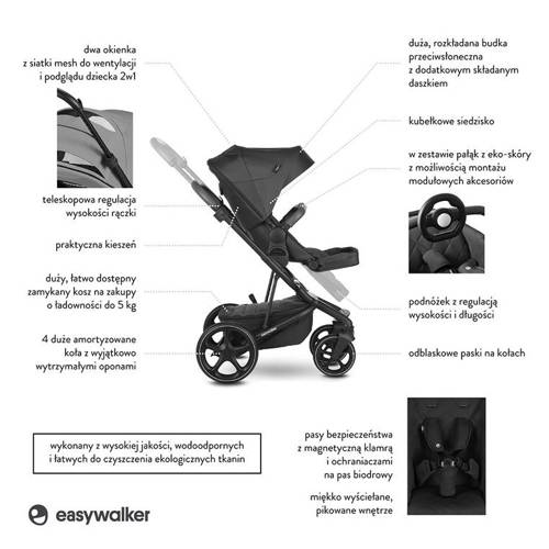 Easywalker Harvey³ Premium Wózek głęboko-spacerowy Diamond Grey (zawiera stelaż, siedzisko z budką i pałąkiem z ekoskóry)